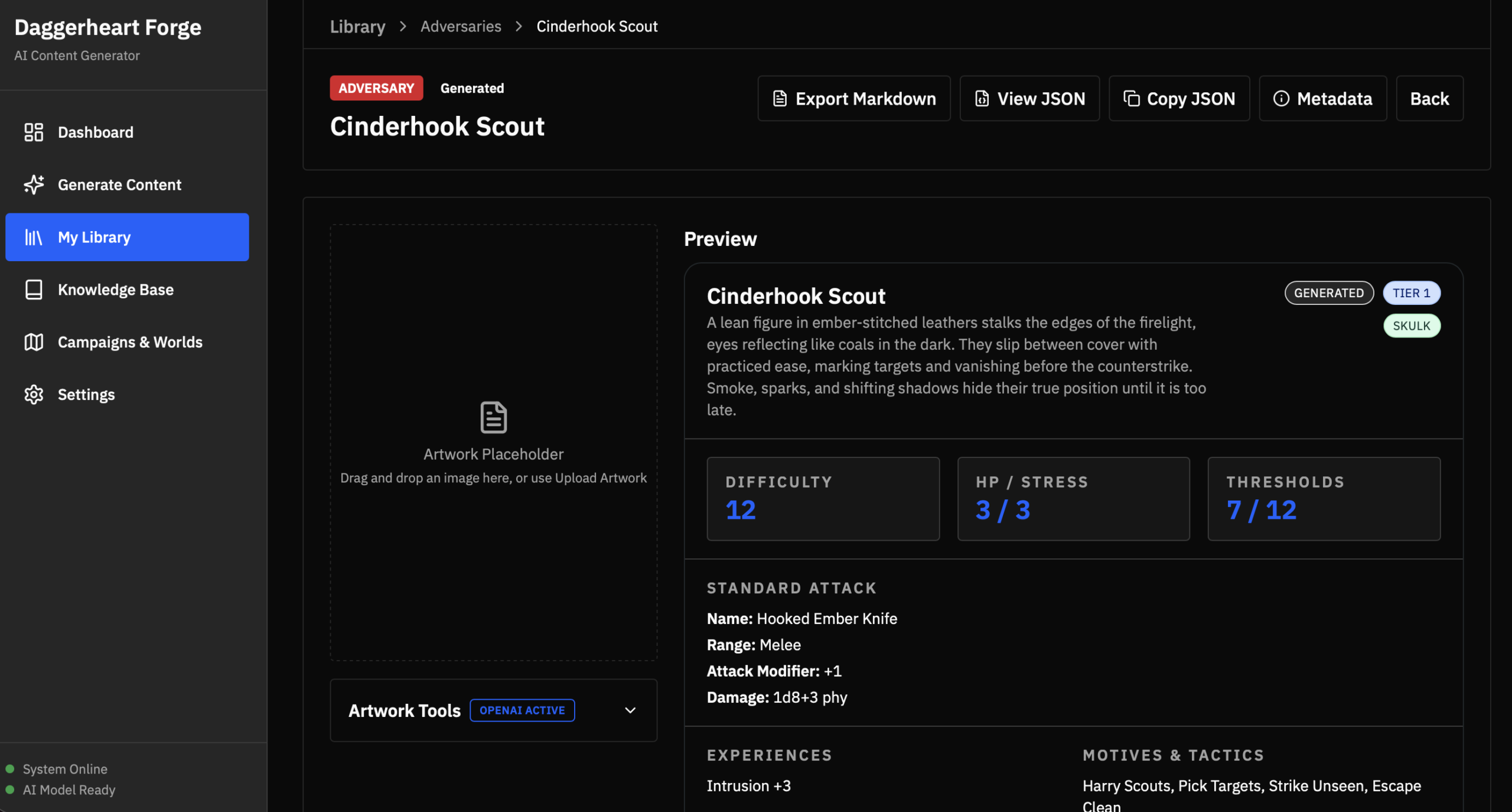 Generated adversary preview showing structured playable content and export options.