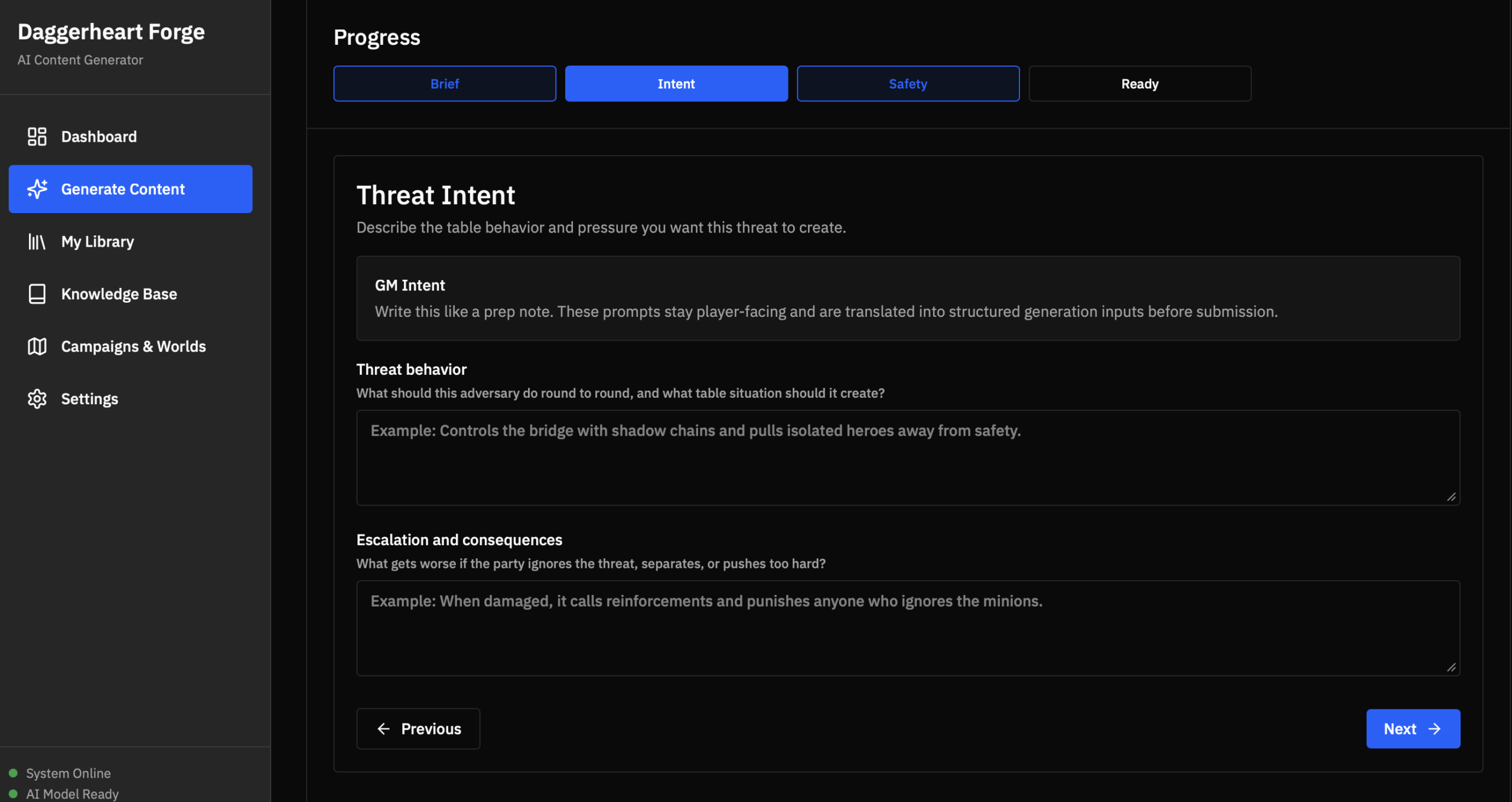 Threat intent step used to capture table behavior and generation intent before content creation.