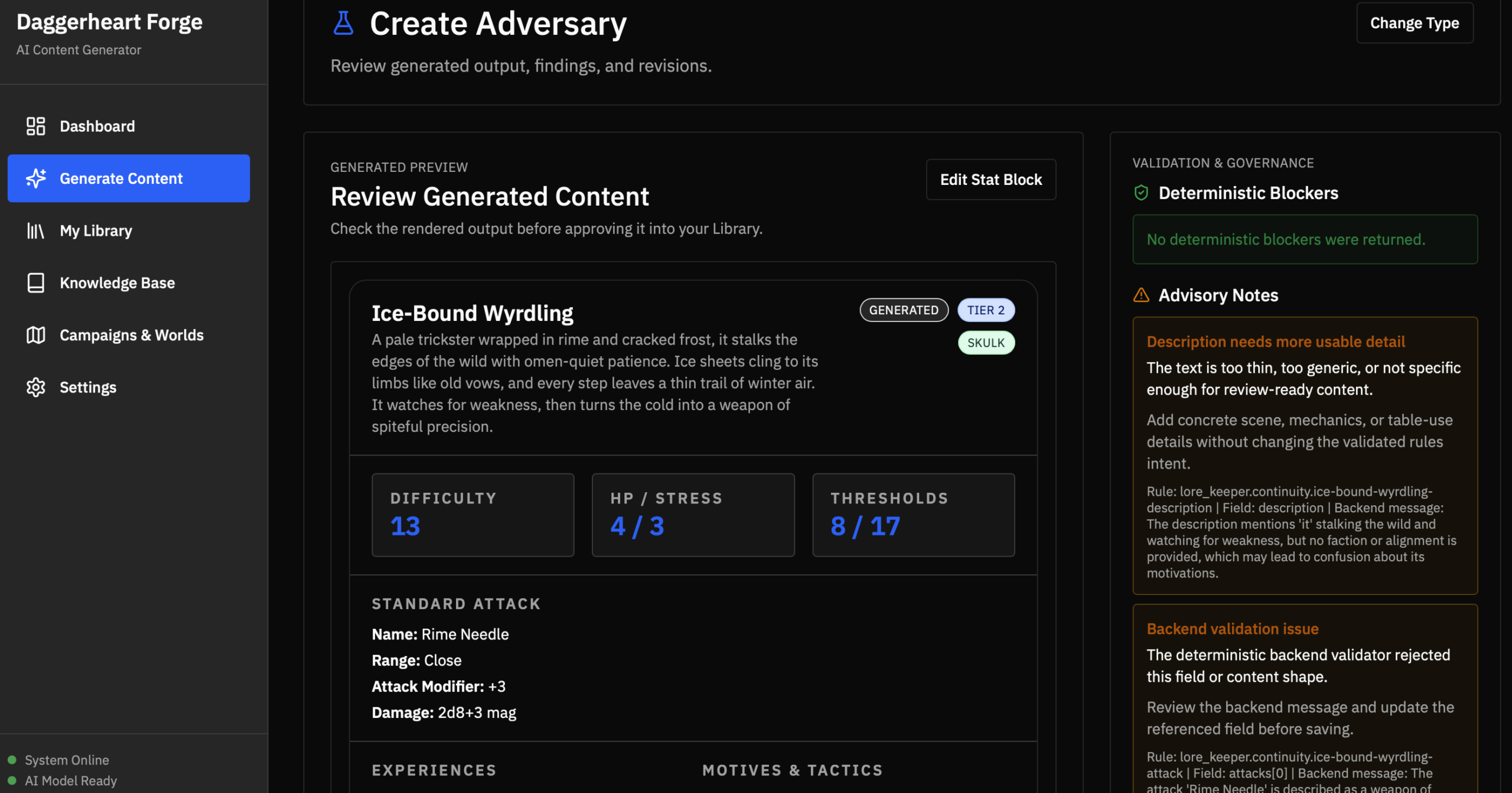 Generated content review screen showing deterministic blockers and advisory validation notes.